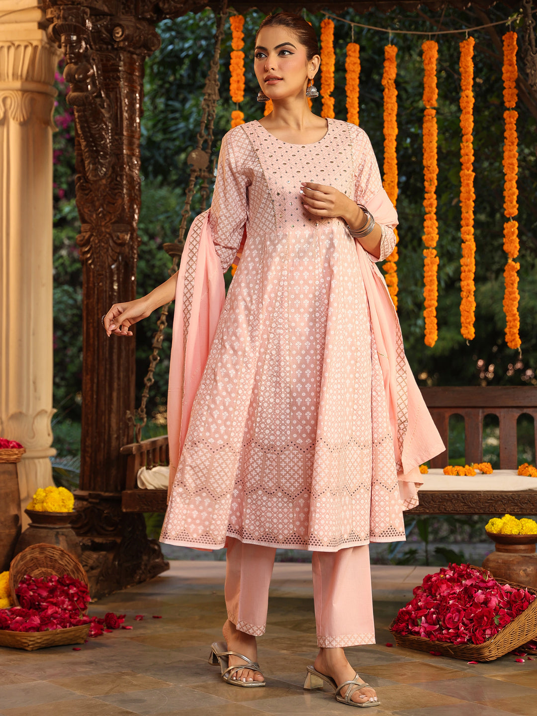 Light Pink Pure Cotton Embroidered Ethnic Motifs Anarkali Kurta Set