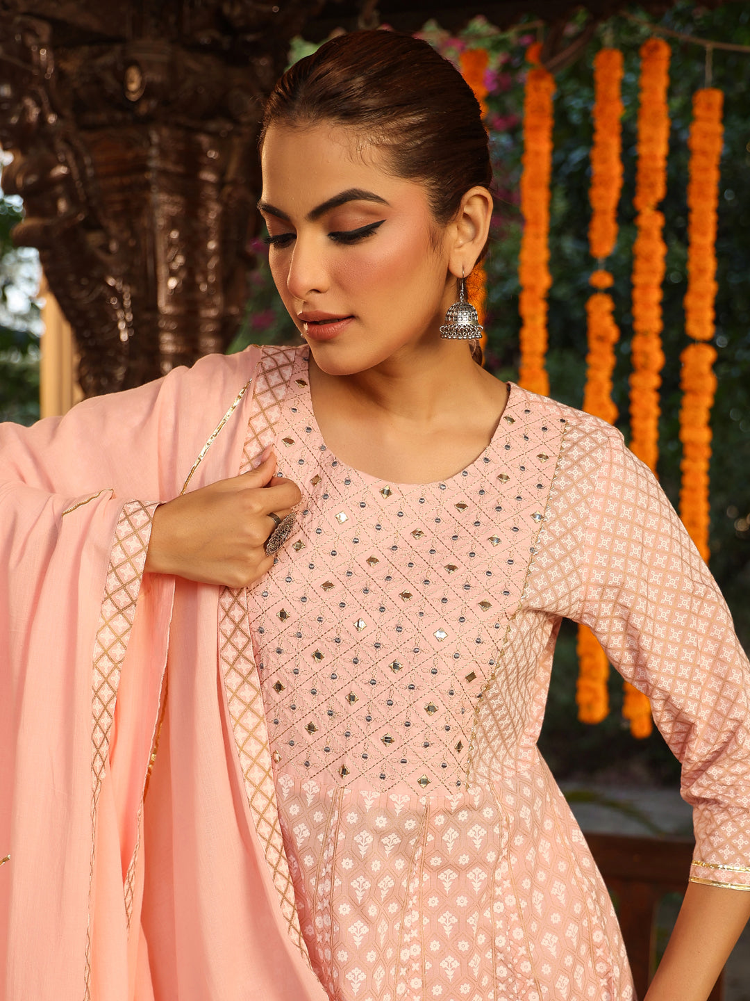 Light Pink Pure Cotton Embroidered Ethnic Motifs Anarkali Kurta Set