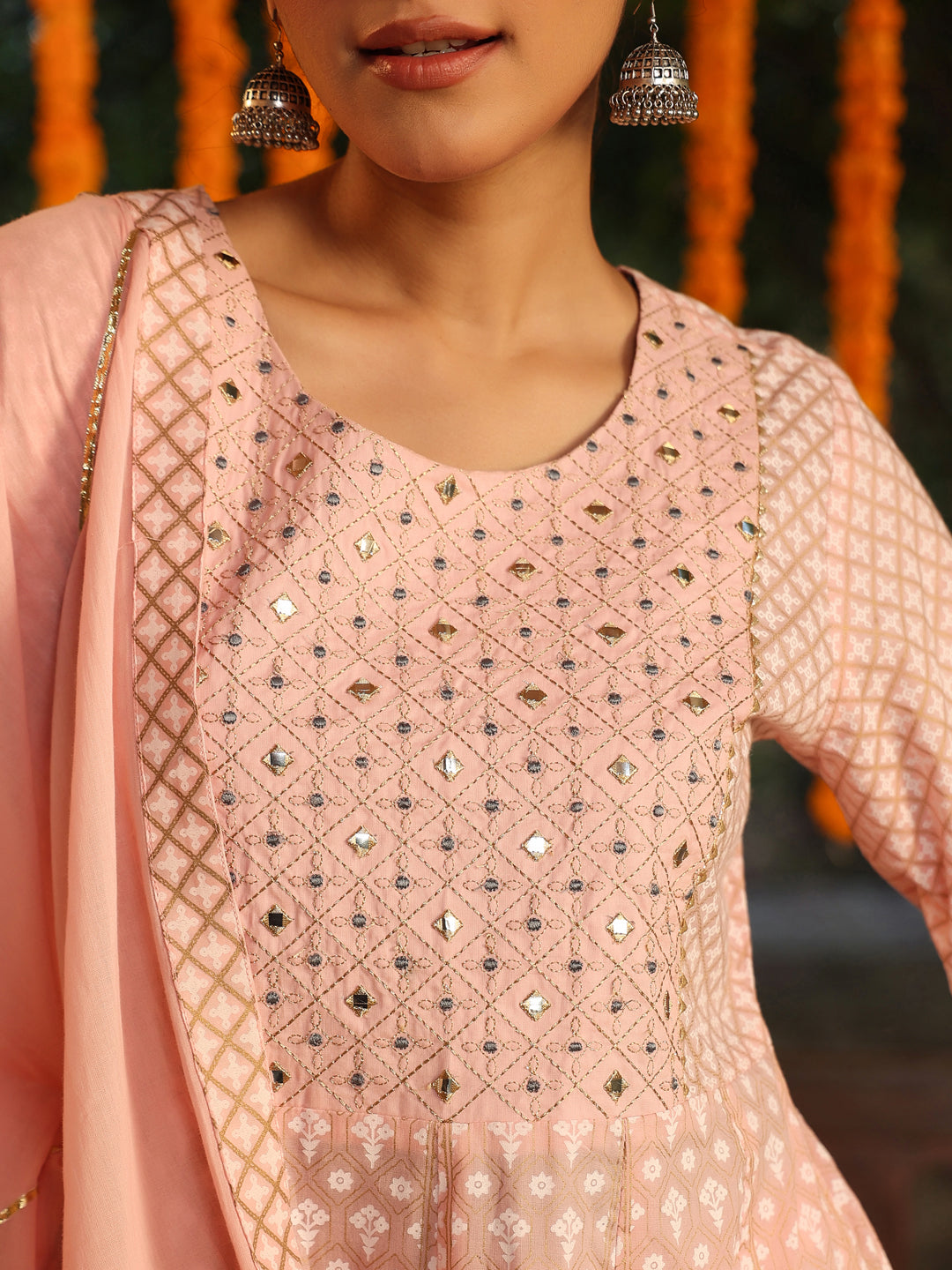 Light Pink Pure Cotton Embroidered Ethnic Motifs Anarkali Kurta Set