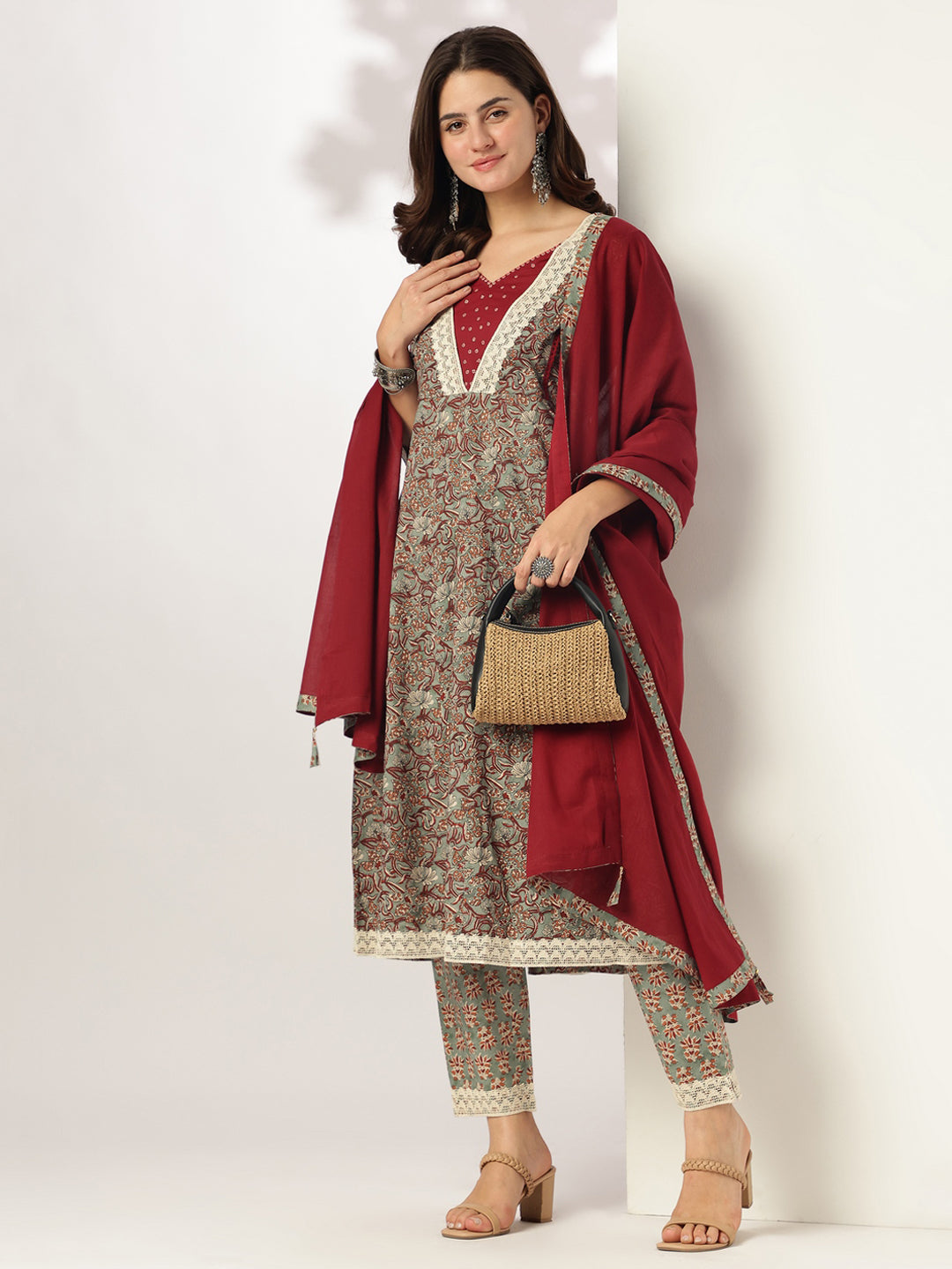 Sage Green Pure Cotton Floral Printed Anarkali Kurta Set