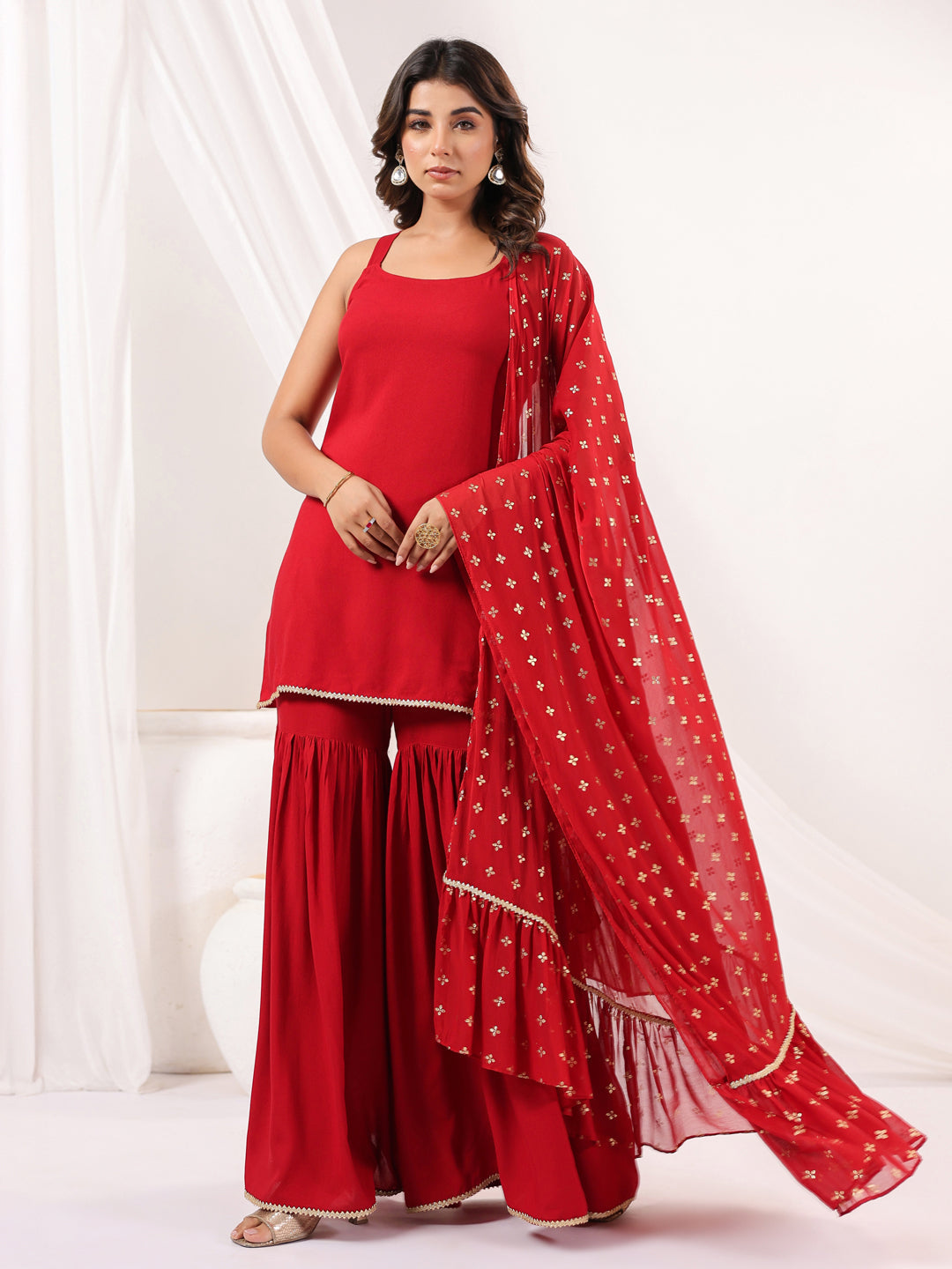 Janasya Women's Red Rayon Embellished Straight Kurti With Sharara & Dupatta Set