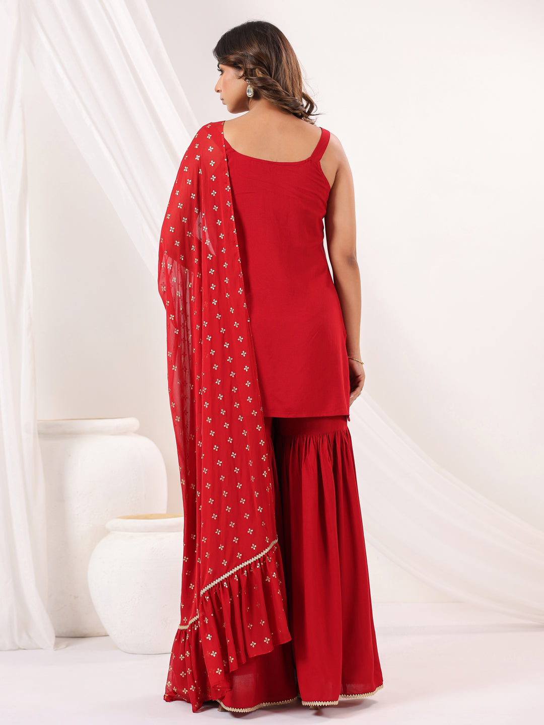 Janasya Women's Red Rayon Embellished Straight Kurti With Sharara & Dupatta Set