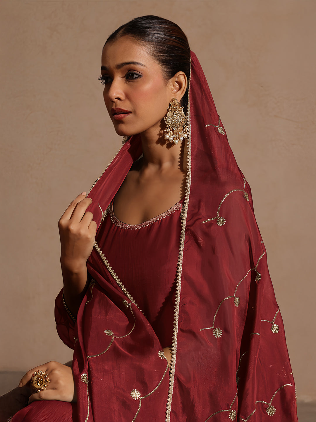 Janasya Women's Maroon Silk Blend Embellished Straight Kurta Set