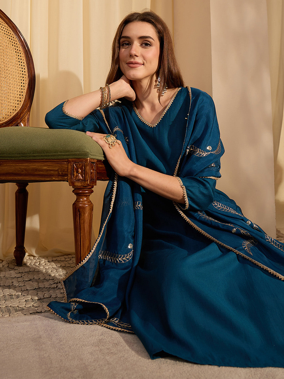 Janasya Women's Teal Blue Silk Blend Solid Straight Kurta Set with Embroidered Dupatta