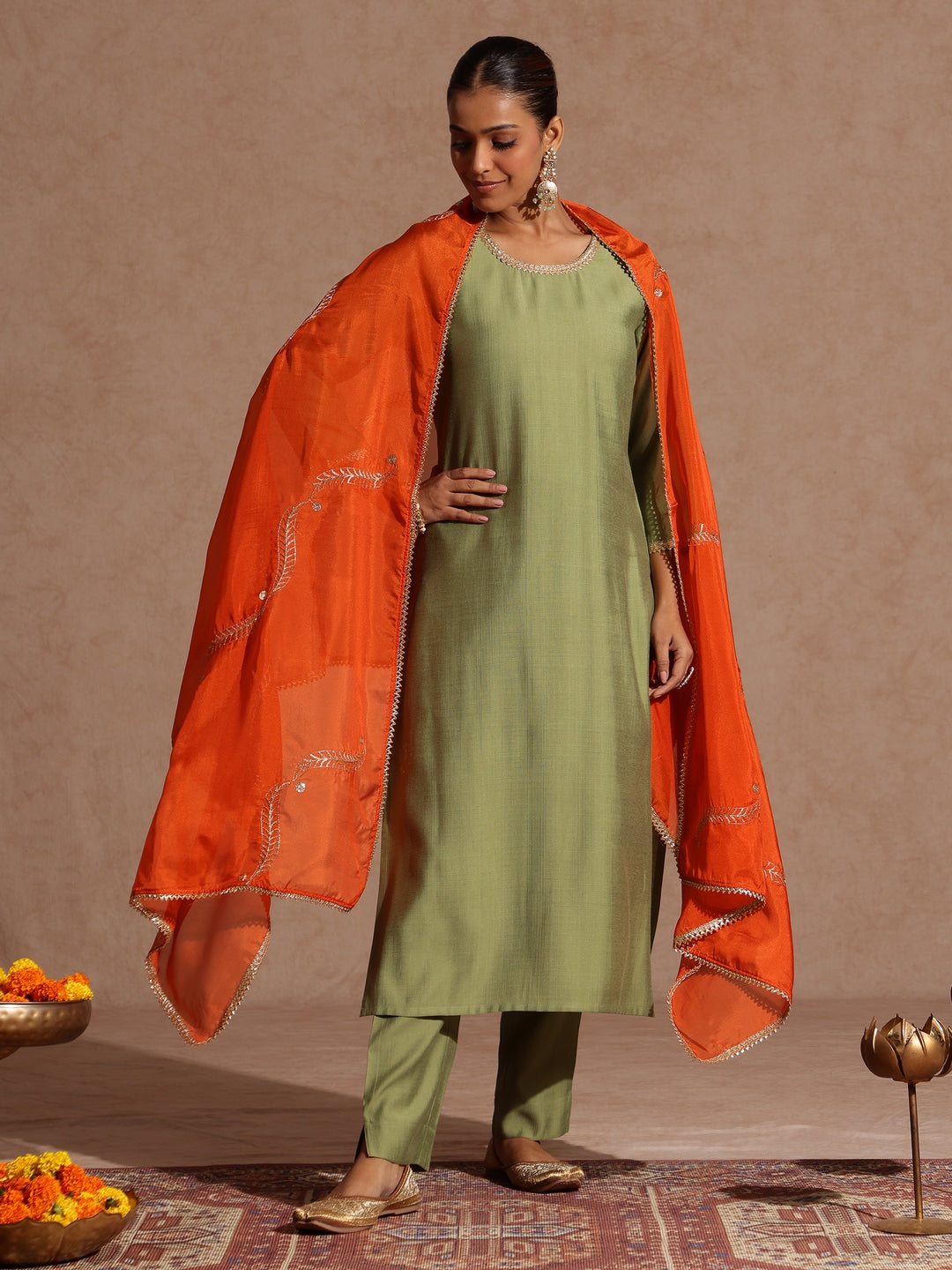 Janasya Women's Sage Green Silk Blend Embellished Straight Kurta Set