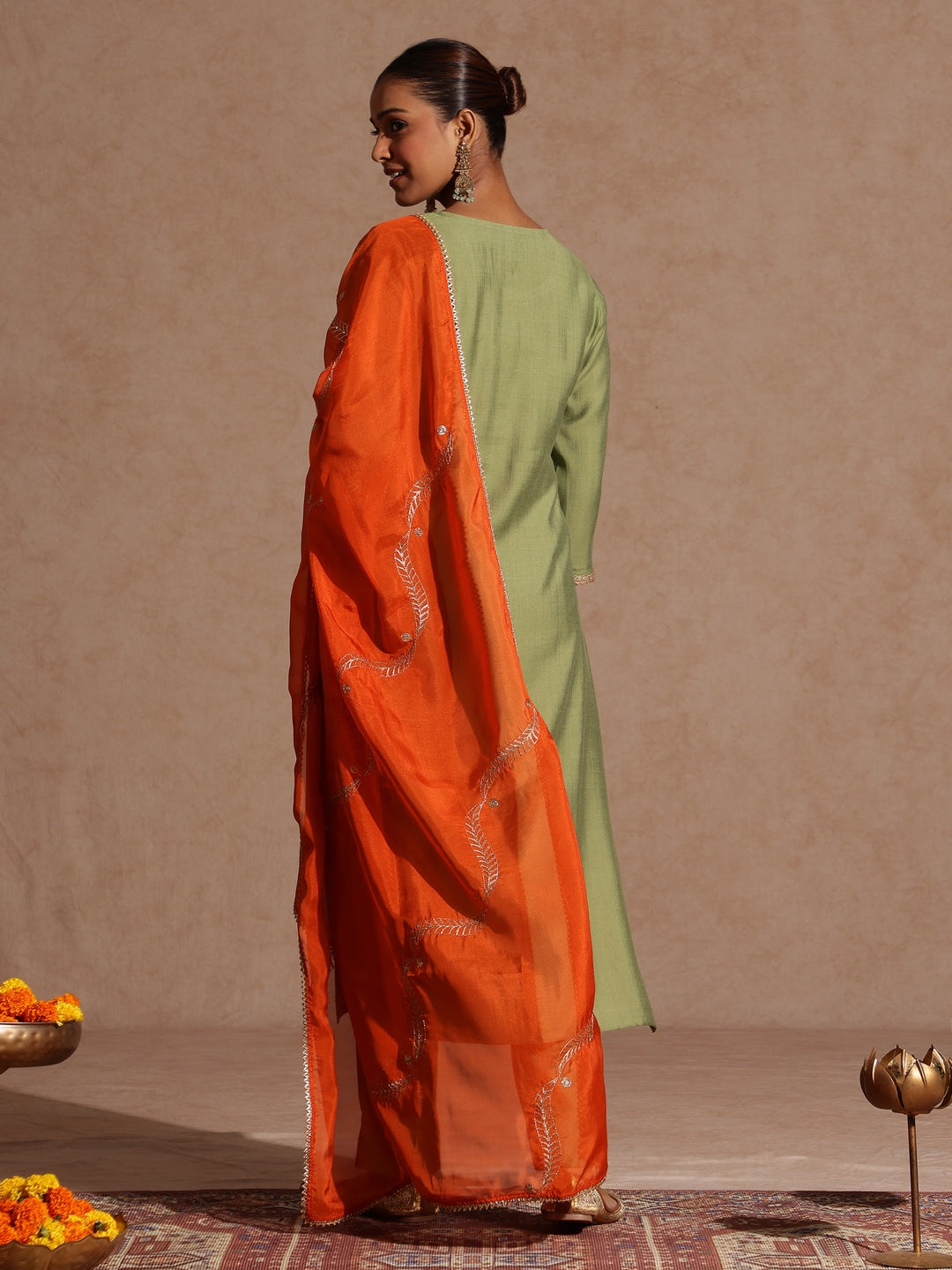 Janasya Women's Sage Green Silk Blend Embellished Straight Kurta Set