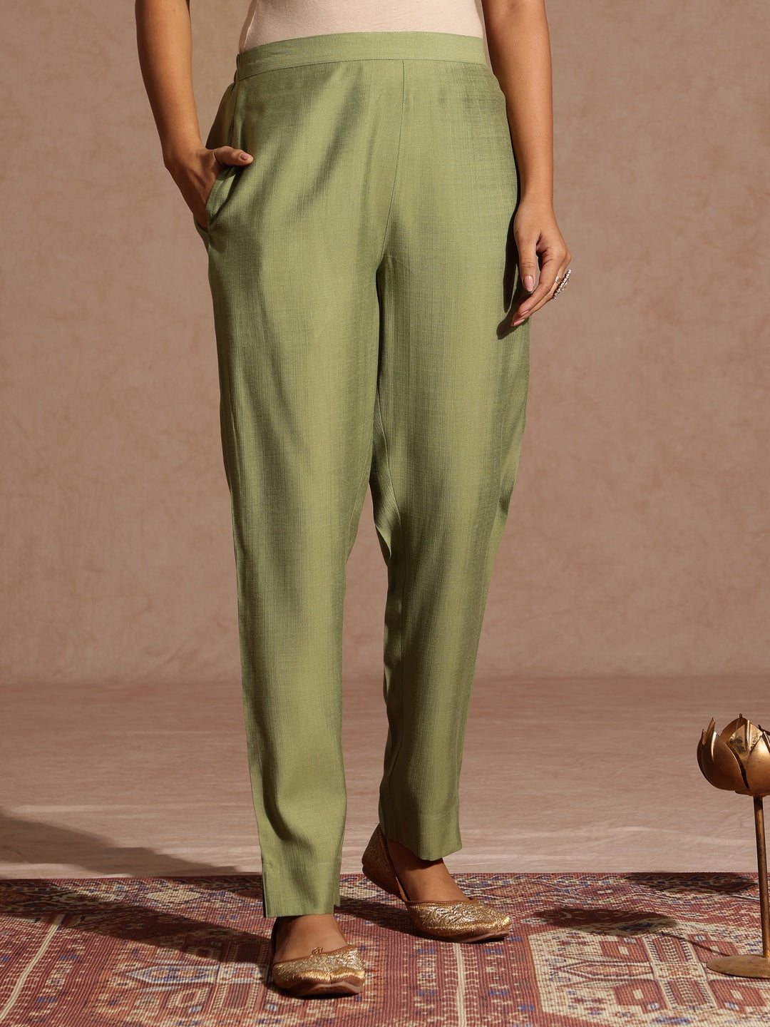 Janasya Women's Sage Green Silk Blend Embellished Straight Kurta Set