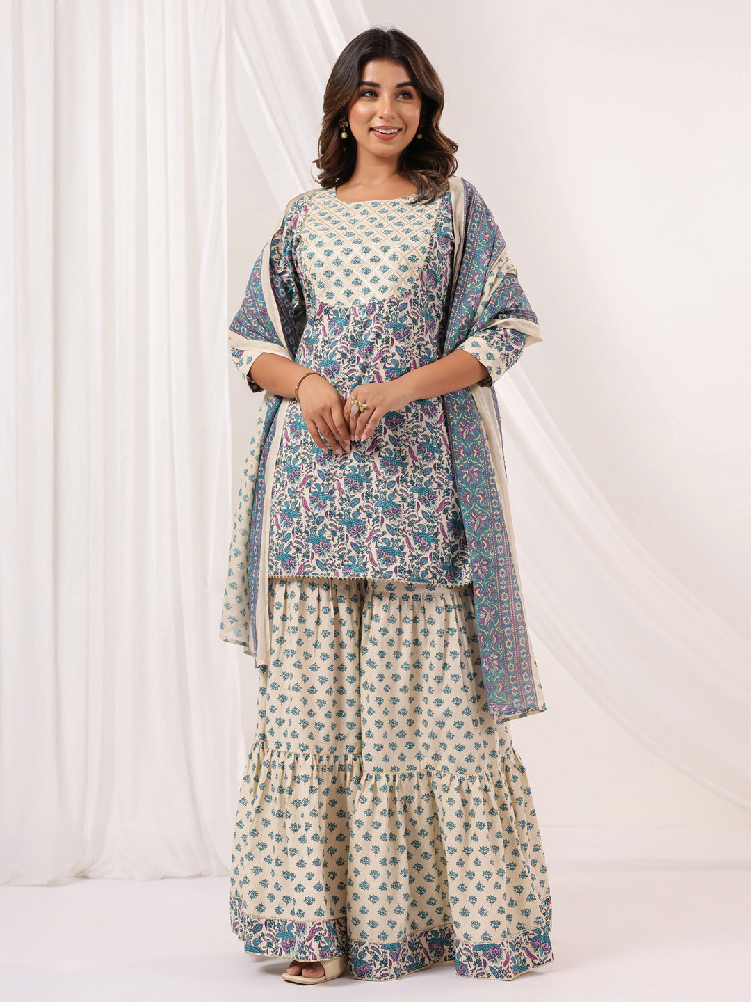 Janasya Women's Cream Pure Cotton Floral Printed Yoke Design Straight Kurta With Sharara & Dupatta Set