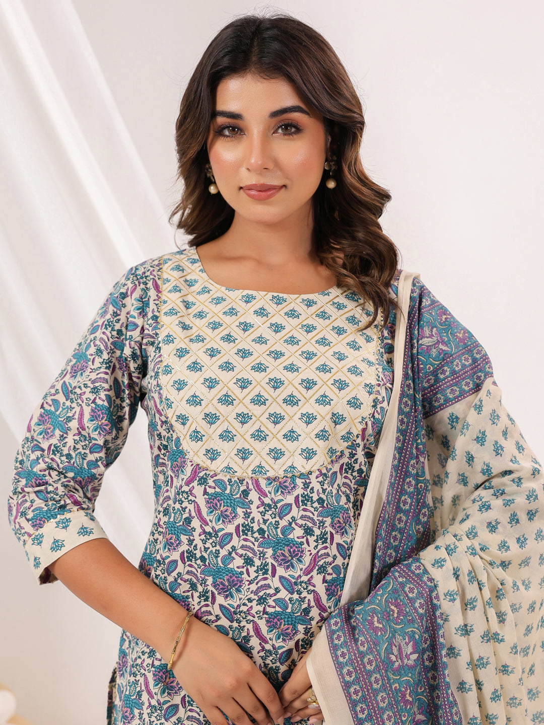 Janasya Women's Cream Pure Cotton Floral Printed Yoke Design Straight Kurta With Sharara & Dupatta Set