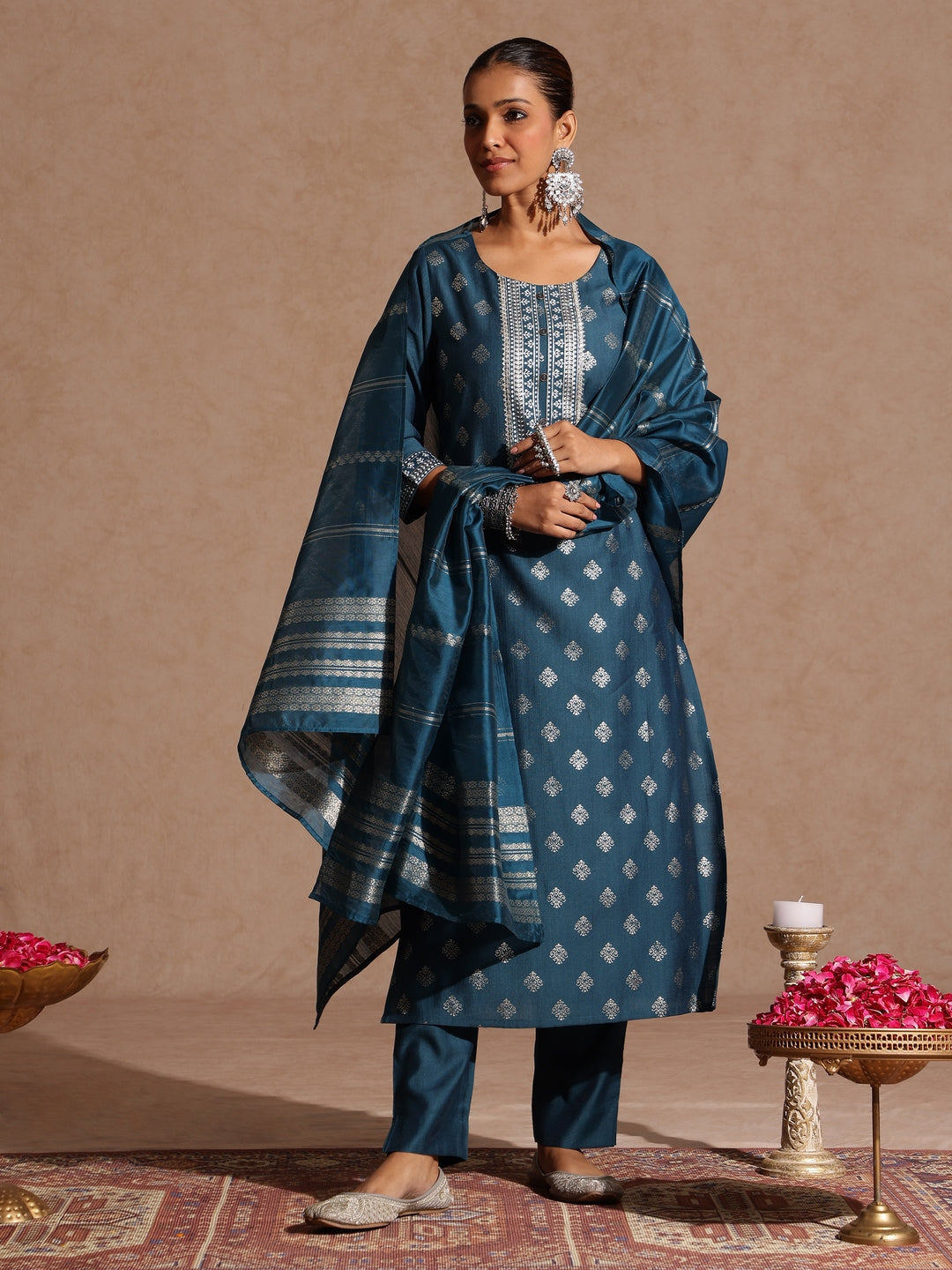 Janasya Women's Teal Blue Silk Blend Embellished Gold Foil Printed Straight Kurta Set