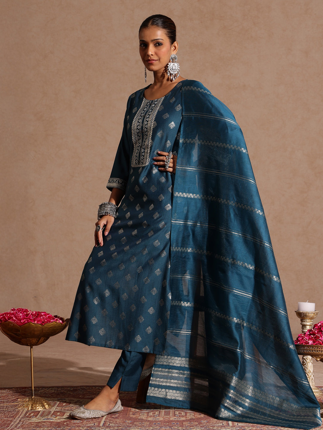 Janasya Women's Teal Blue Silk Blend Embellished Gold Foil Printed Straight Kurta Set