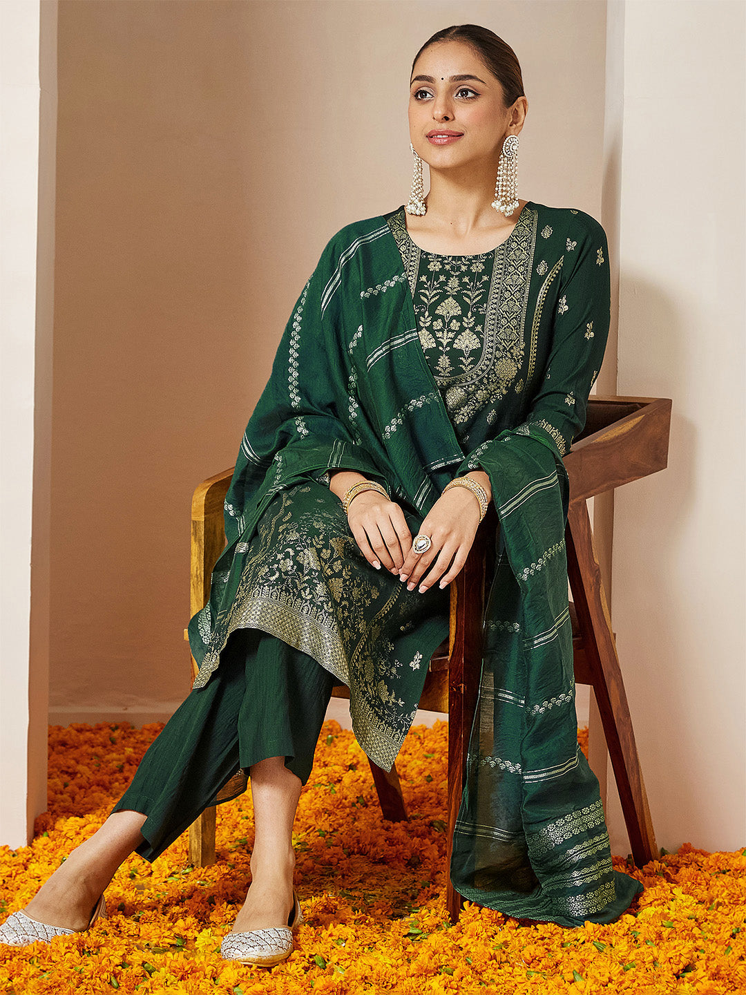 Janasya Women's Bottle Green Silk Blend Foil Printed Straight Kurta Set