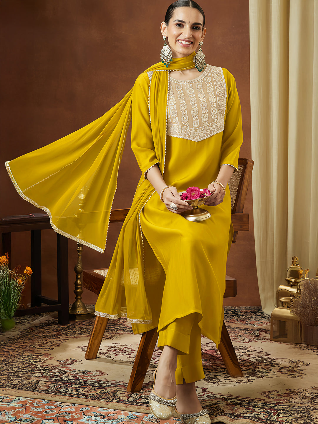 Janasya Women's Mustard Silk Blend Embellished Straight Kurta Set