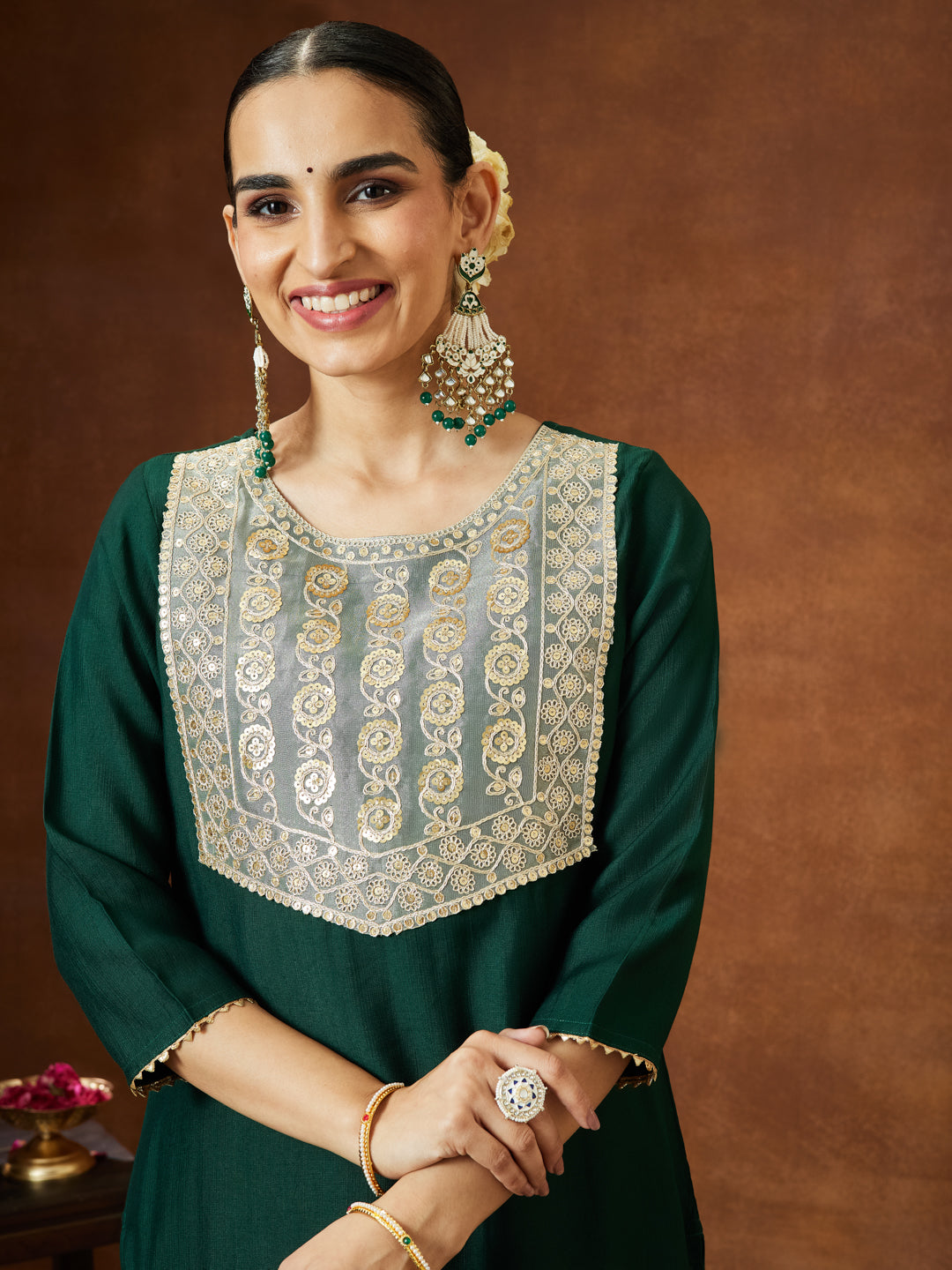 Janasya Women's Bottle Green Silk Blend Embellished Yoke Design Straight Kurta Set