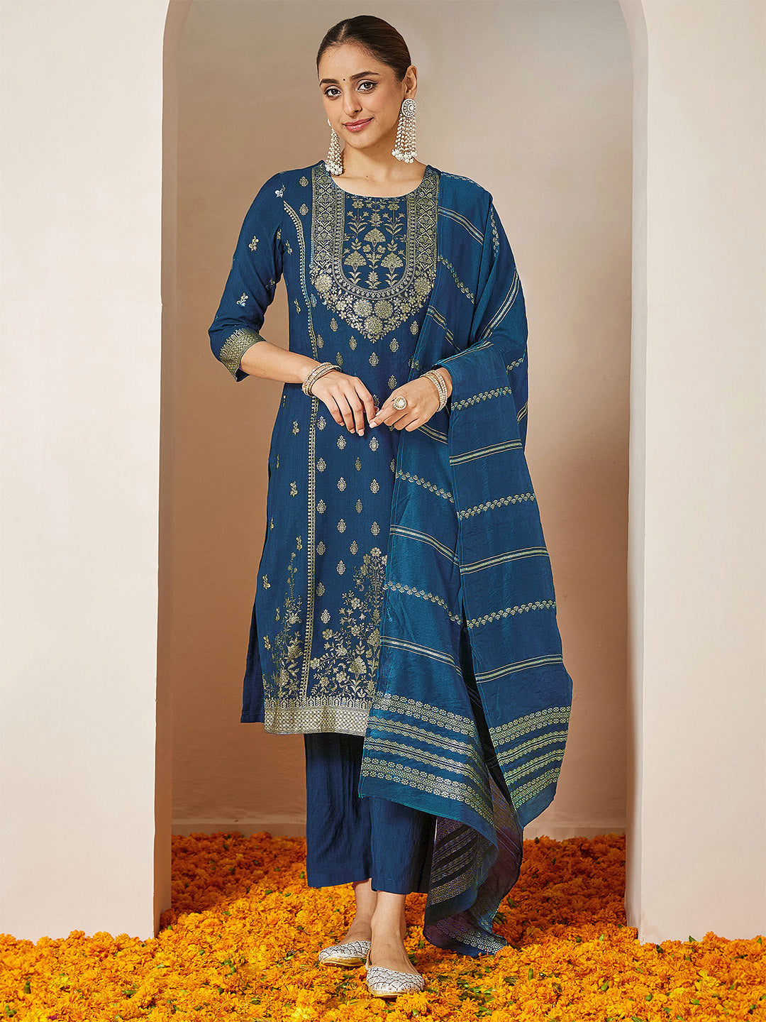 Janasya Women's Teal Blue Silk Blend Foil Printed Straight Kurta Set