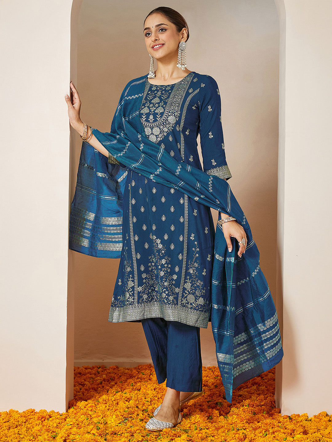 Janasya Women's Teal Blue Silk Blend Foil Printed Straight Kurta Set