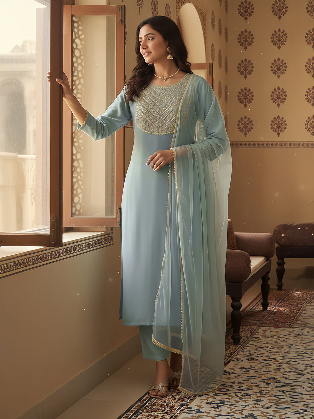 Janasya Women's Powder Blue Silk Blend Embellished Straight Kurta Set