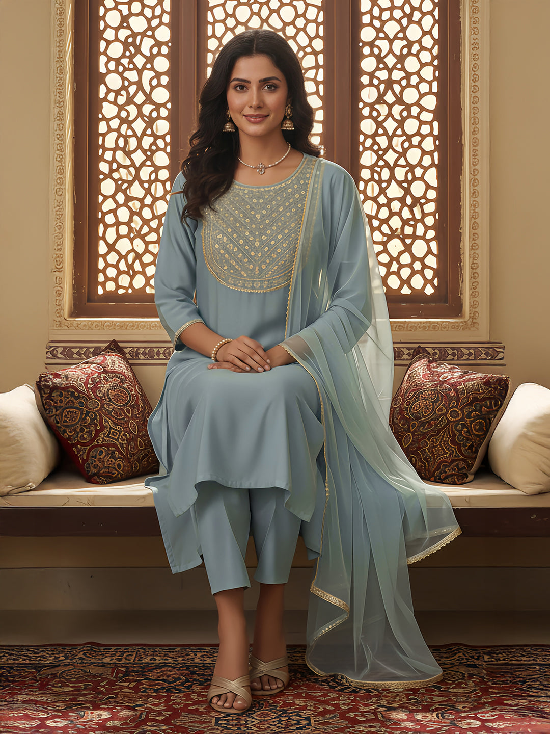 Janasya Women's Powder Blue Silk Blend Embellished Straight Kurta Set