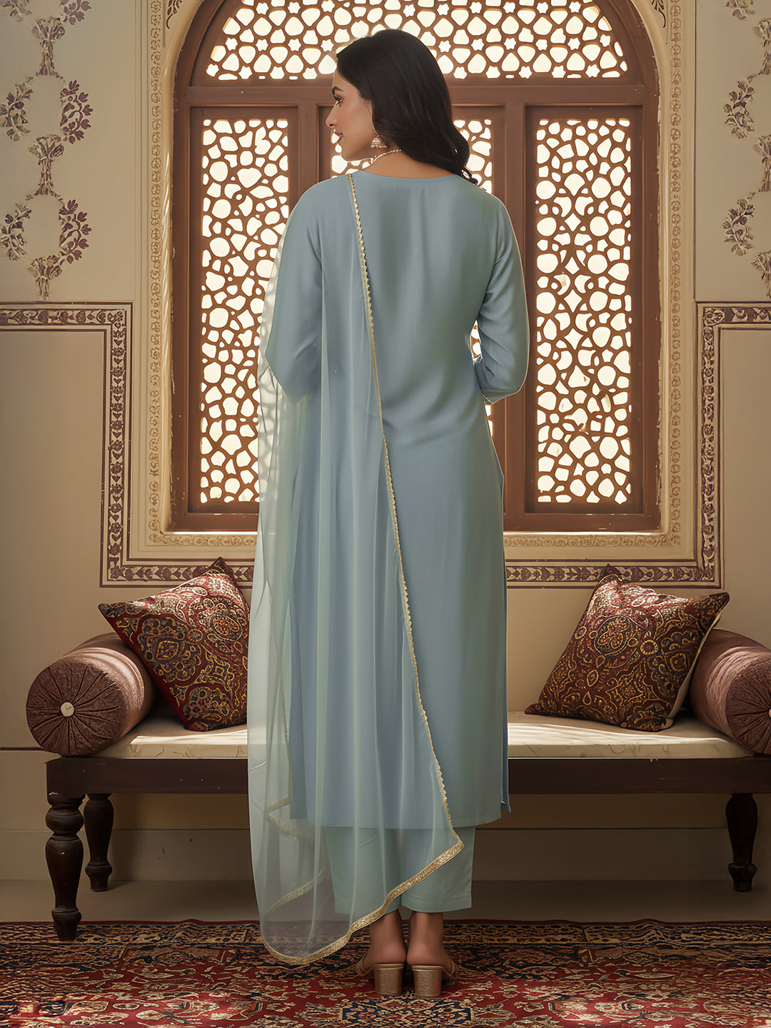 Janasya Women's Powder Blue Silk Blend Embellished Straight Kurta Set