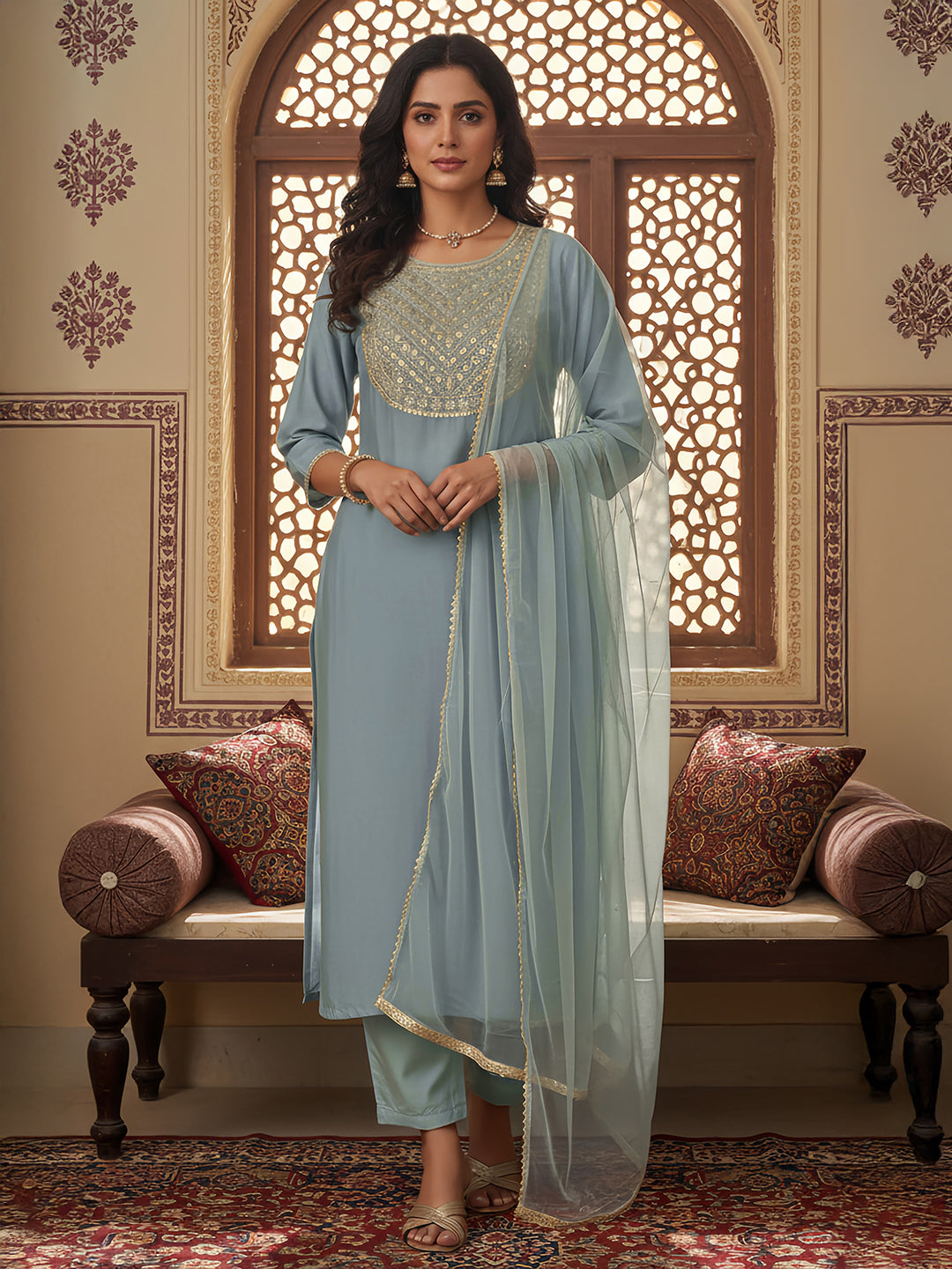 Janasya Women's Powder Blue Silk Blend Embellished Straight Kurta Set