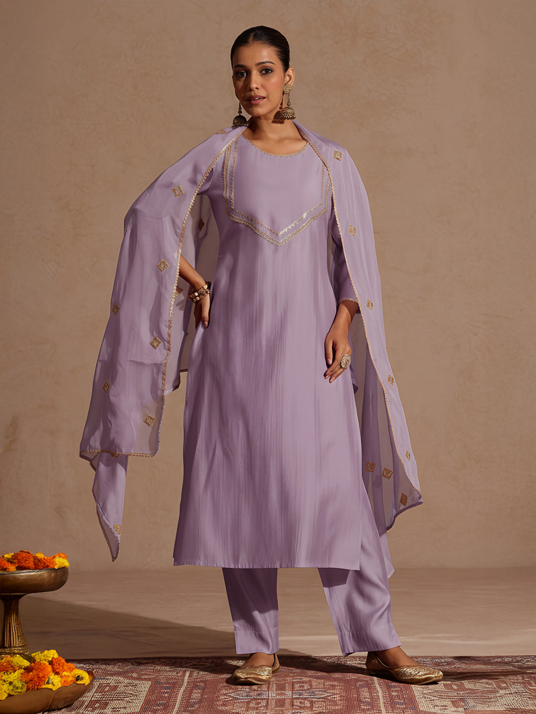 Janasya Women's Lavender Silk Blend Zari Yoke Design Straight Kurta Set