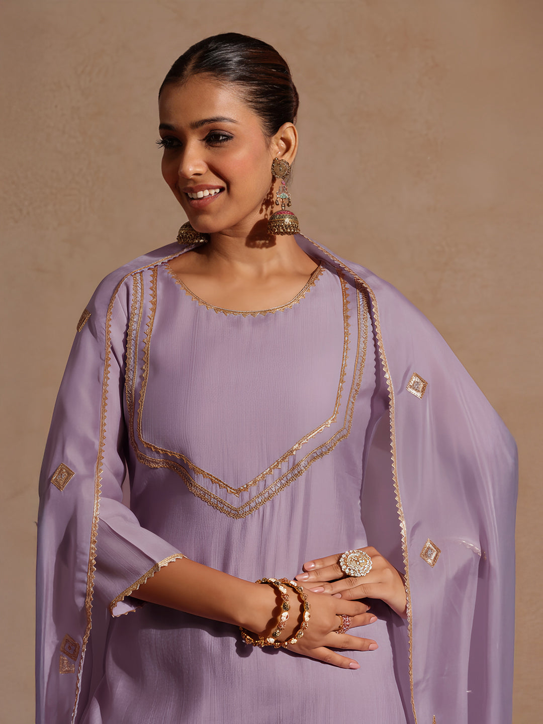 Janasya Women's Lavender Silk Blend Zari Yoke Design Straight Kurta Set