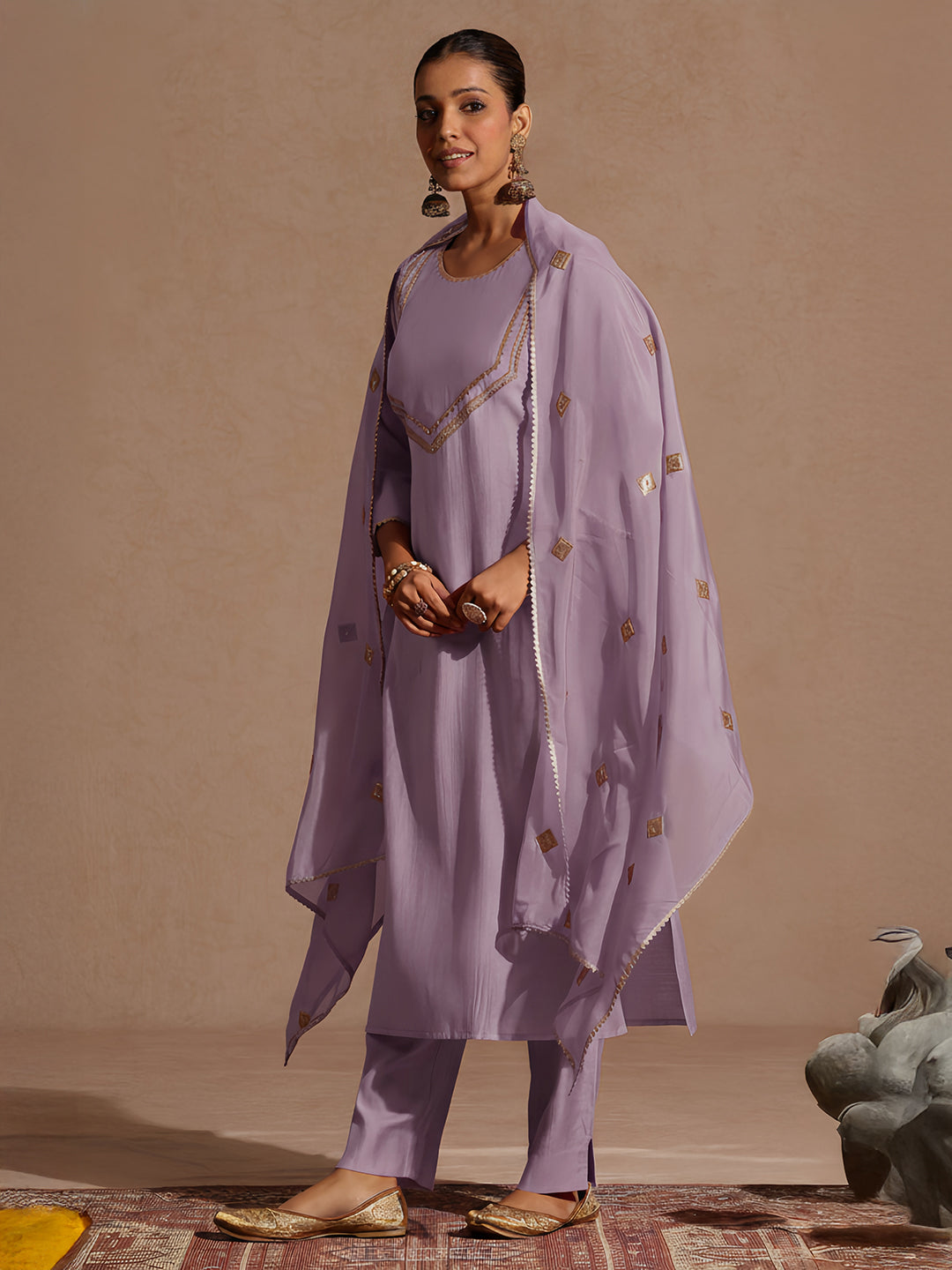 Janasya Women's Lavender Silk Blend Zari Yoke Design Straight Kurta Set
