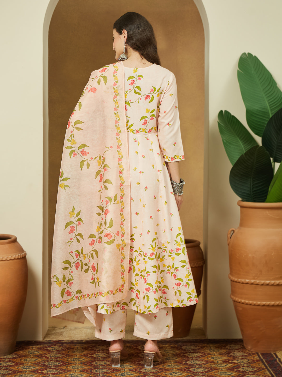 Janasya Women's Peach Cotton Blend Floral Printed Anarkali Kurta Set