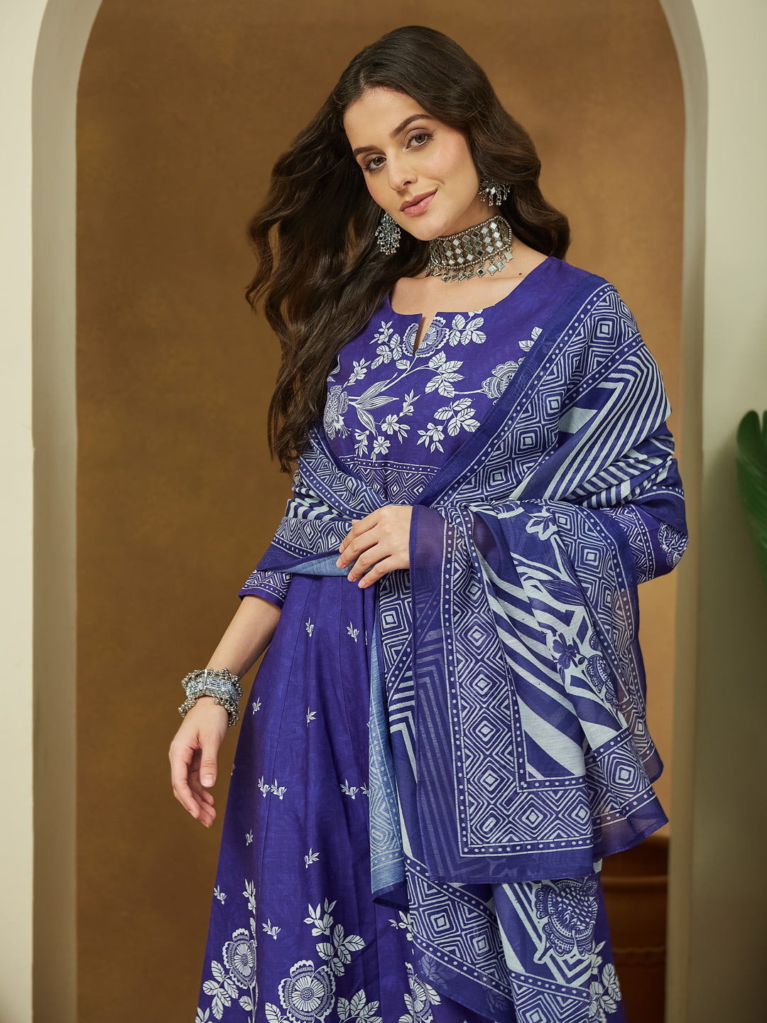 Janasya Women's Purple Cotton Blend Floral Printed Anarkali Kurta Set