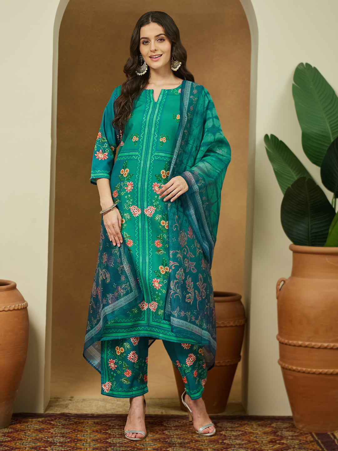 Janasya Women's Teal Blue Cotton Blend Floral Printed Straight Kurta Set