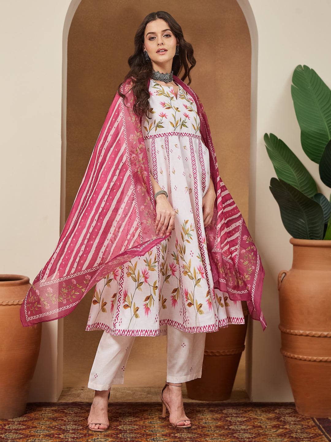 Janasya Women's Cream Cotton Blend Floral Printed Anarkali Kurta Set