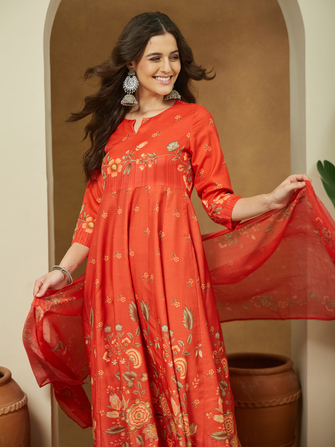 Janasya Women's Red Cotton Blend Floral Printed Anarkali Kurta Set