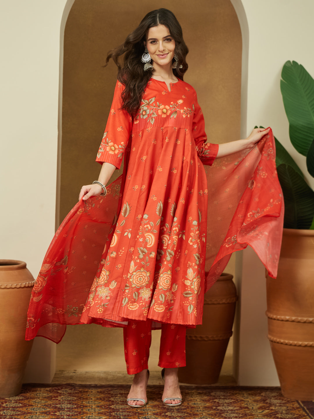 Janasya Women's Red Cotton Blend Floral Printed Anarkali Kurta Set