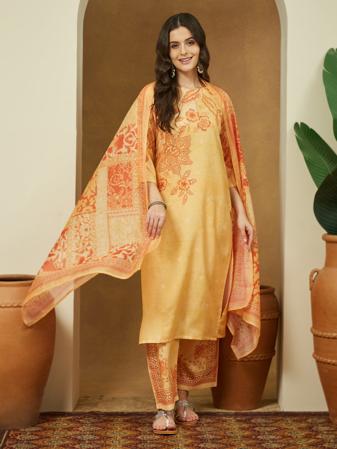 Janasya Women's Yellow Cotton Blend Floral Printed Straight Kurta Set