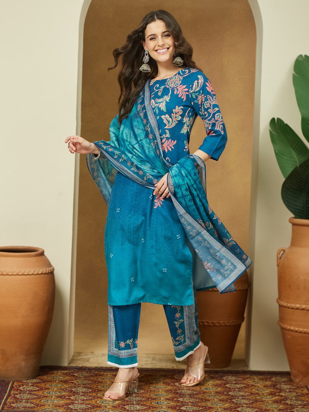 Janasya Teal Blue Cotton Blend Floral Printed Straight Kurta Set