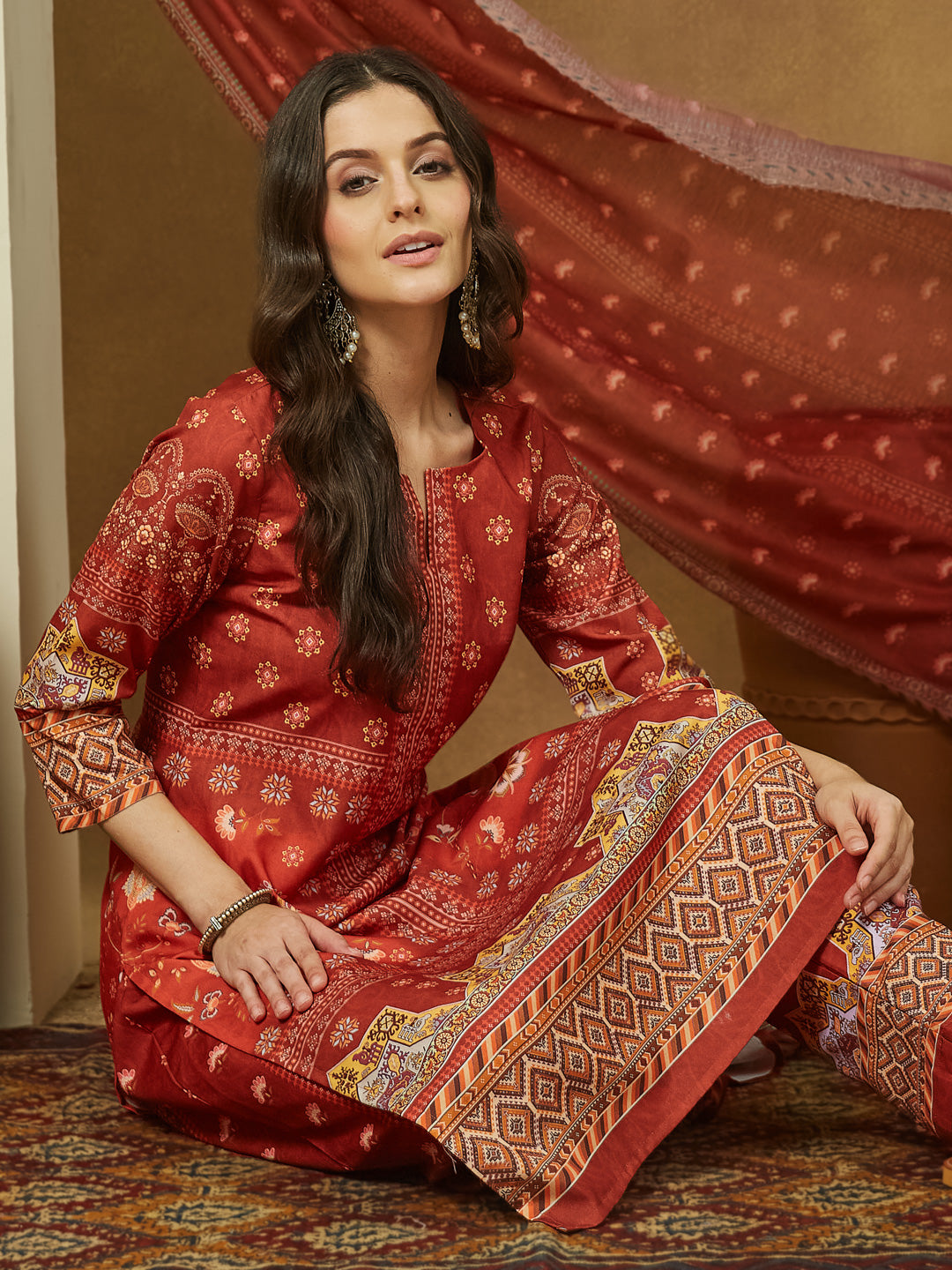 Janasya Women's Rust Cotton Blend Floral Printed Pakistani Straight Kurta Set