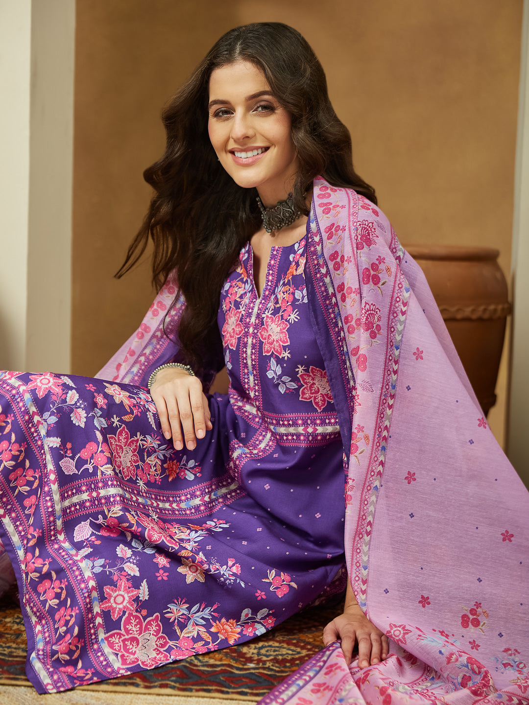 Janasya Women's Purple Cotton Blend Floral Printed Straight Kurta Set