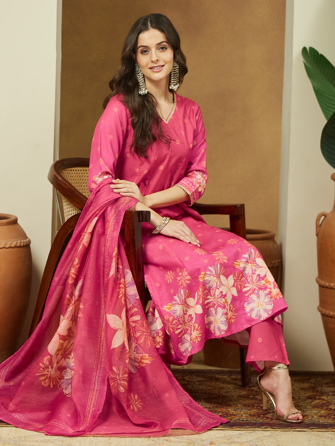 Janasya Women's Pink Cotton Blend Floral Printed Anarkali Kurta Set