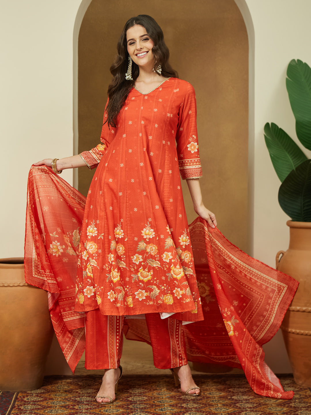 Janasya Women's Orange Cotton Blend Floral Printed Anarkali Kurta Set