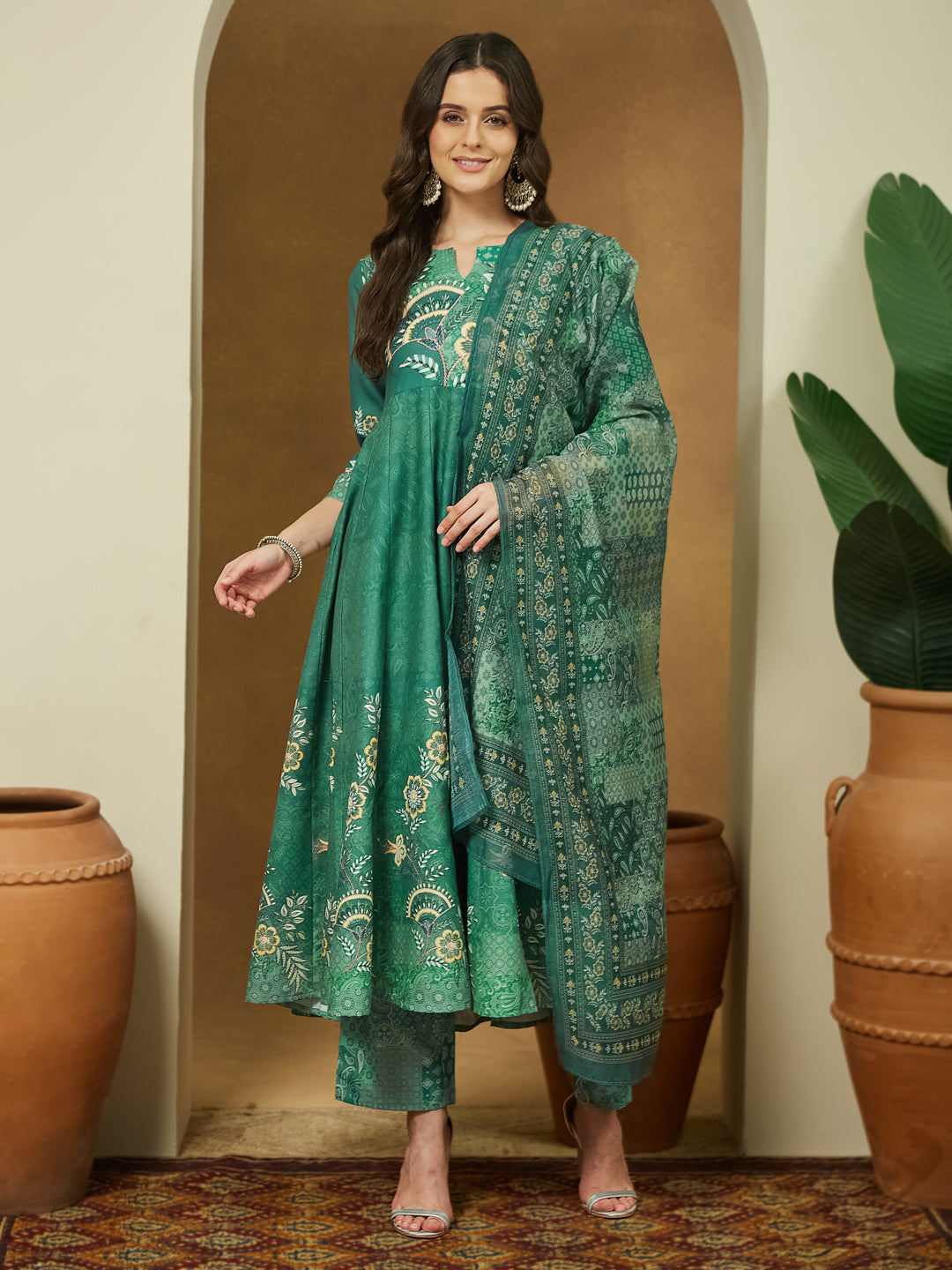 Janasya Women's Sage Green Cotton Blend Floral Printed Anarkali Kurta Set