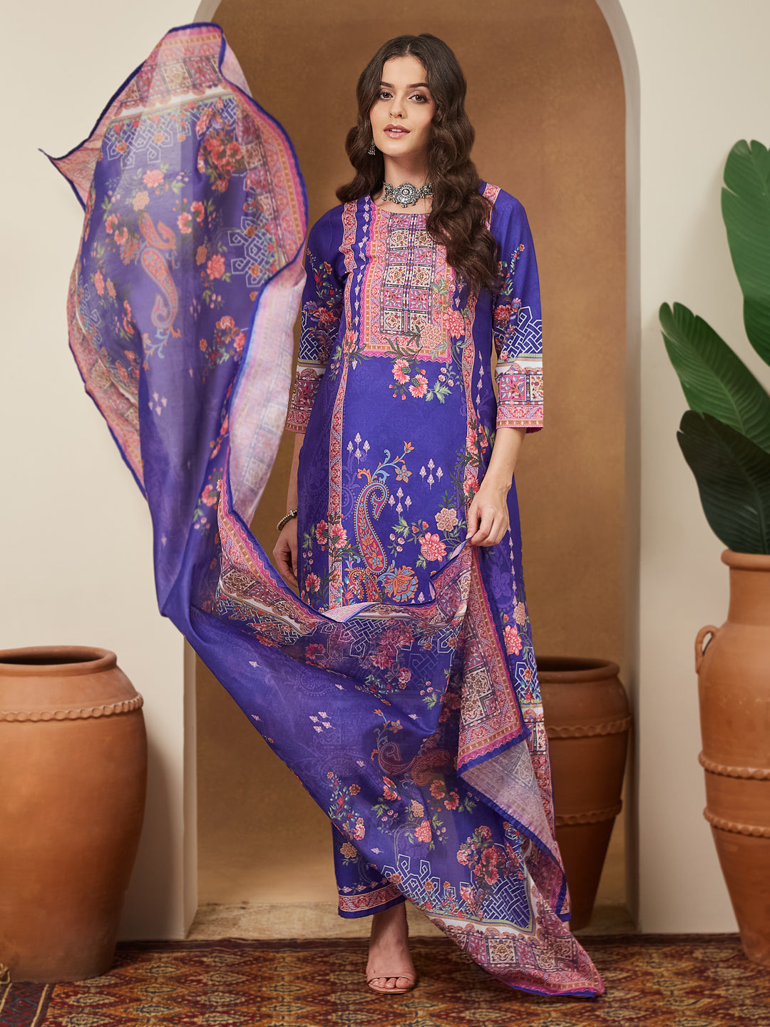 Janasya Women's Purple Cotton Blend Floral Printed Straight Kurta Set