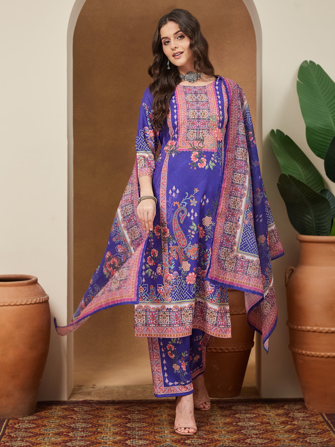 Janasya Women's Purple Cotton Blend Floral Printed Straight Kurta Set