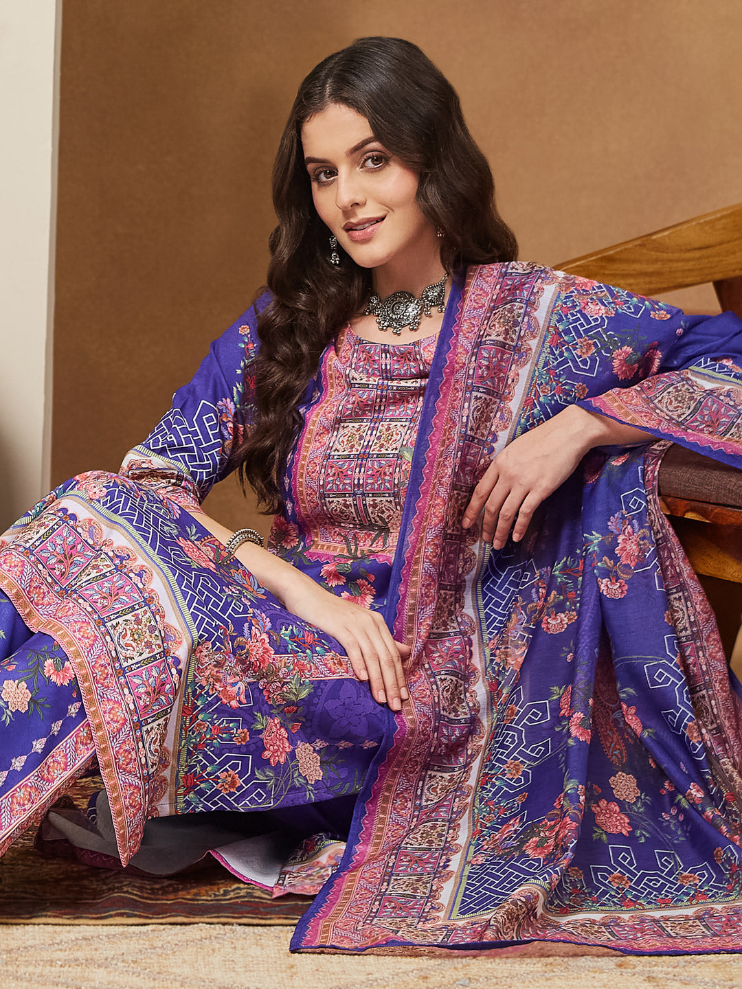 Janasya Women's Purple Cotton Blend Floral Printed Straight Kurta Set