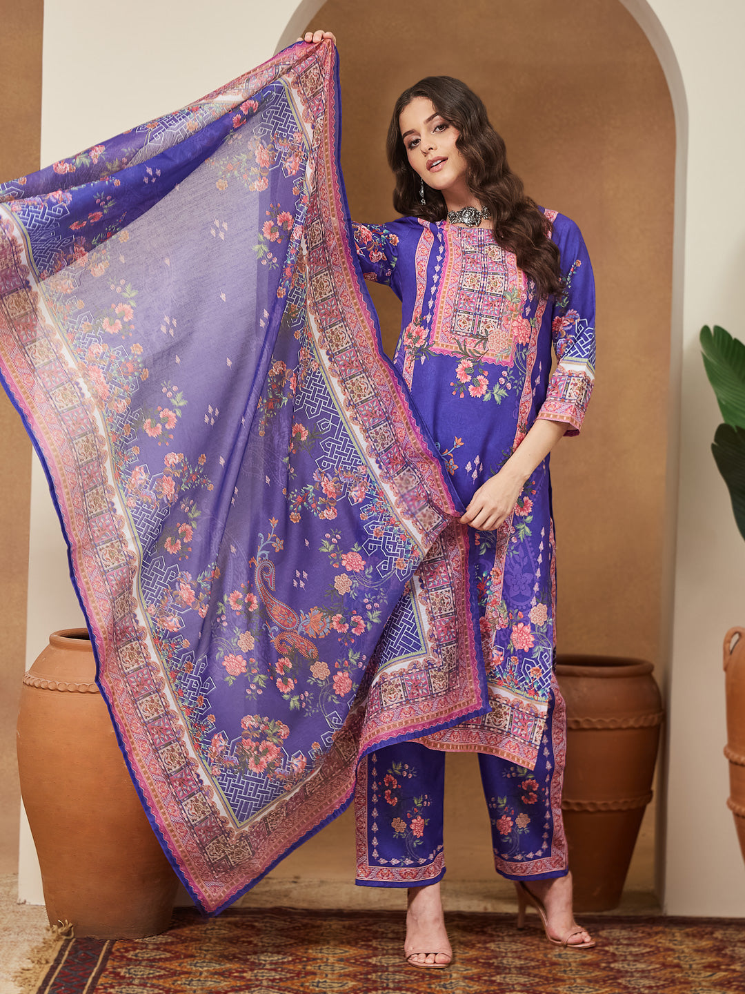 Janasya Women's Purple Cotton Blend Floral Printed Straight Kurta Set