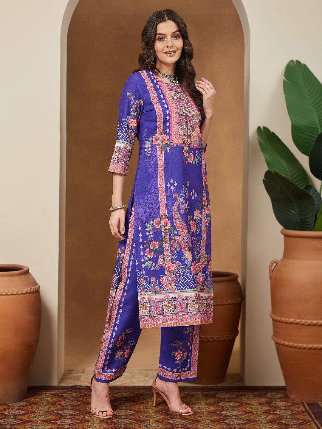 Janasya Women's Purple Cotton Blend Floral Printed Straight Kurta Set