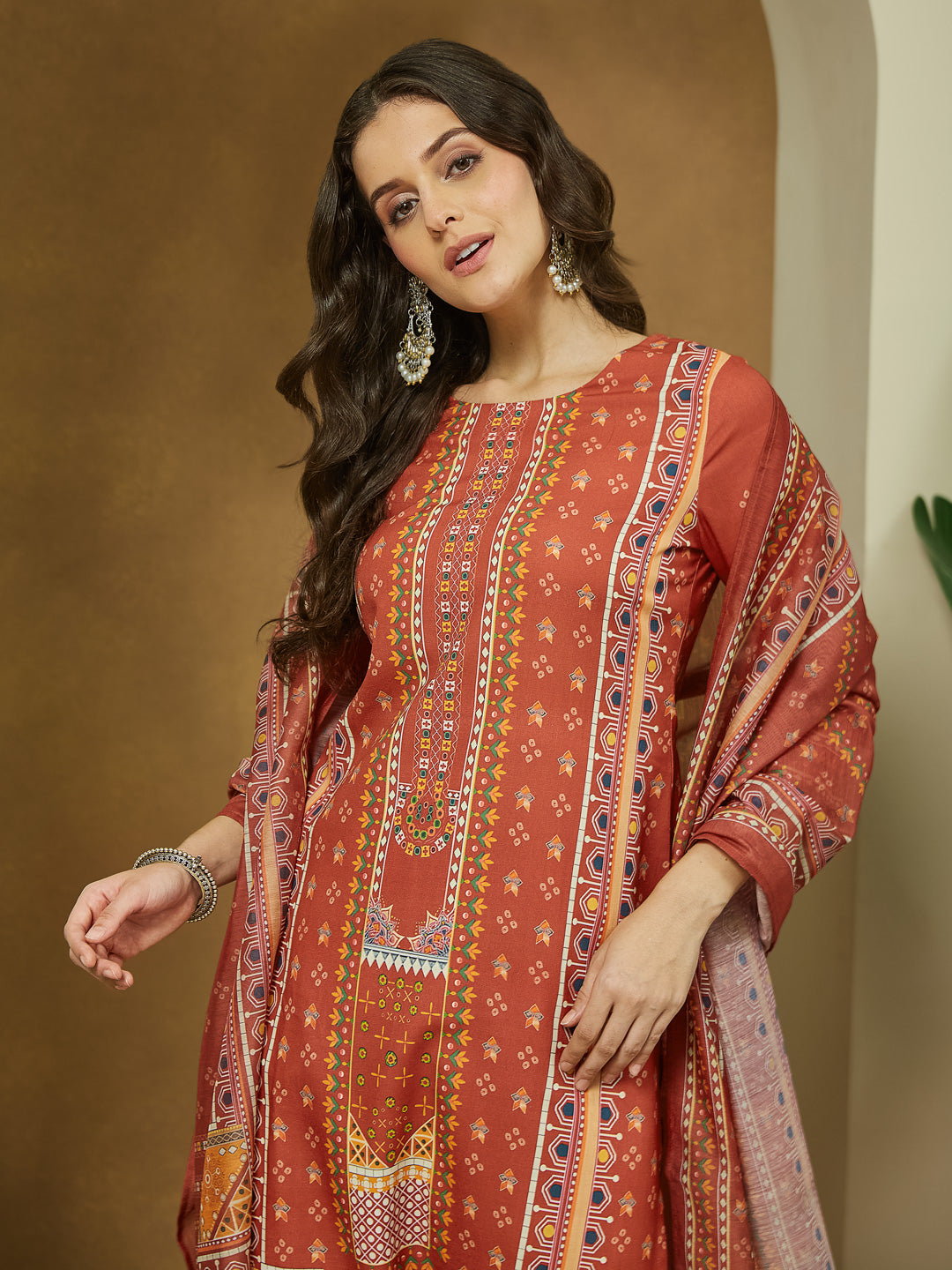 Janasya Women's Rust Cotton Blend Ethnic Motifs Printed Straight Kurta Set
