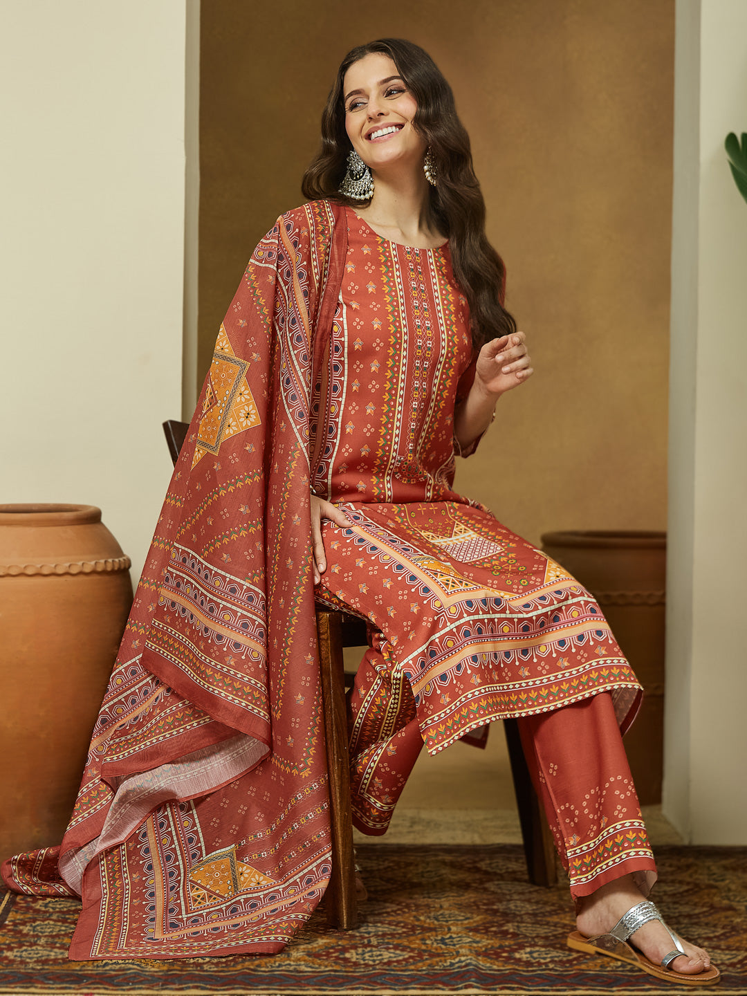 Janasya Women's Rust Cotton Blend Ethnic Motifs Printed Straight Kurta Set
