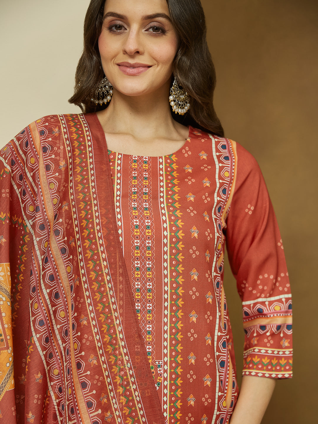 Janasya Women's Rust Cotton Blend Ethnic Motifs Printed Straight Kurta Set