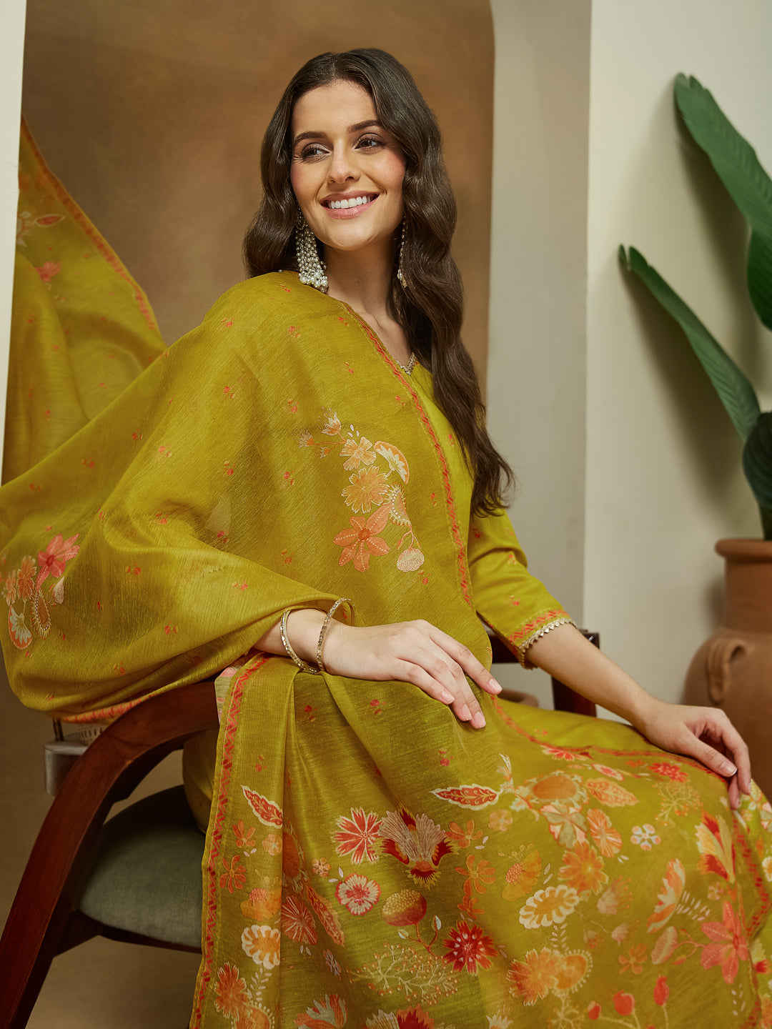 Janasya Women's Mustard Cotton Blend Floral Printed Anarkali Kurta Set