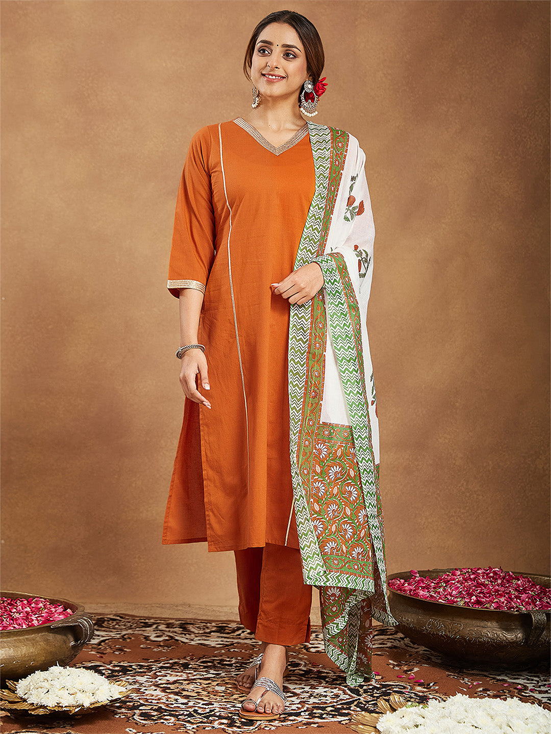 Janasya Women's Orange Pure Cotton Solid Straight Kurta Set